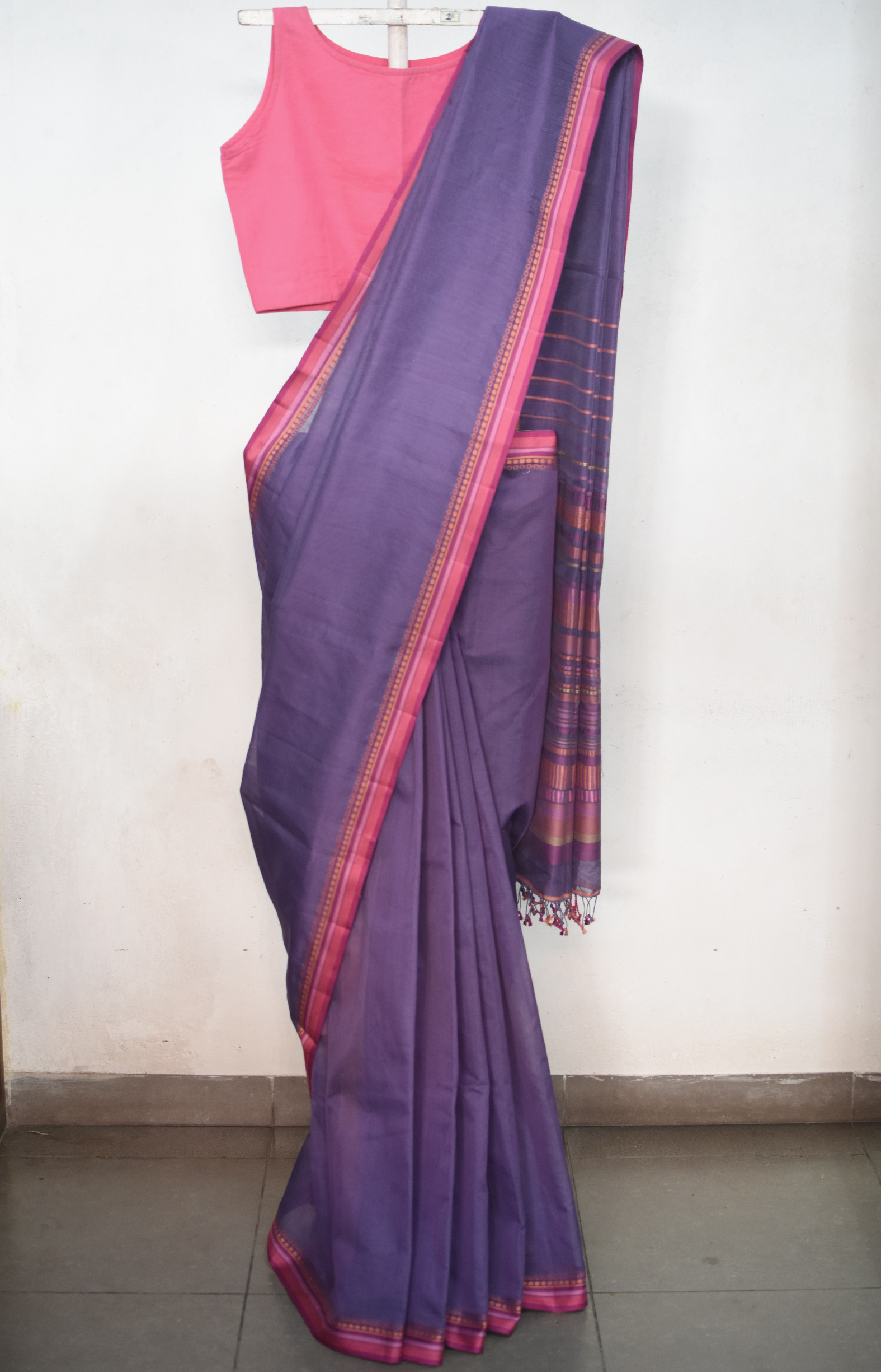 Purple, Handwoven Organic Cotton, Textured Weave , Jacquard, Work Wear Saree 